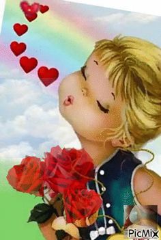 a painting of a child kissing a rose with hearts flying above her and rainbow in the background