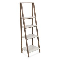 a wooden ladder shelf with three shelves on each side and two shelves at the bottom