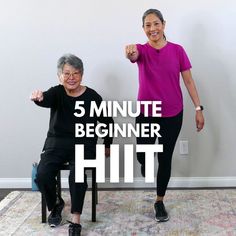 an older woman is sitting on a chair and the words 5 minute beginner hit are in front of her