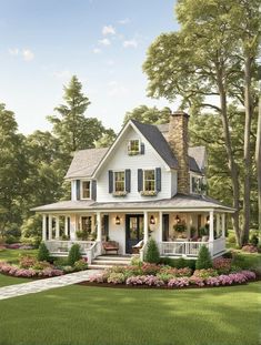 a white house surrounded by trees and flowers