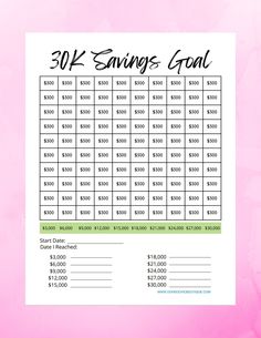 the 30k savings goal sheet is shown in black and white on a pink background