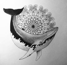 a drawing of a whale with a flower on it's tail and an intricate design