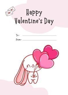 a valentine's day card with a bunny holding balloons