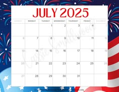 Free printable July 2025 calendar with USA flag and fireworks background Calendar Design July 2023, July 2024 Calendar Printable, Printable July Calendar 2024, June 2021 Calendar, July 2021 Calendar, Summer Planner, Household Binder