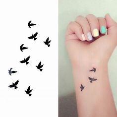 a woman's arm with birds on it and a photo of the same tattoo