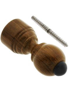 an image of two wooden knobs with screws