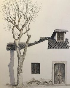 a drawing of a tree next to a white building with two windows and a door