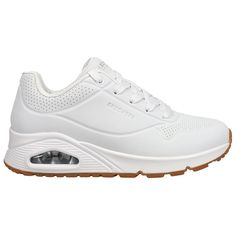 Classic air-cushioned comfort meets a fresh update in the Skechers Street Uno - Stand on Air shoe. This lace-up fashion sneaker features a smooth perforated synthetic upper with an Air-Cooled Memory Foam insole and Skech-Air visible air-cushioned midsole. $69.95 Casual Sneakers With Gel Cushioning And Round Toe, High-top Synthetic Running Shoes With Arch Support, Lace-up Sneakers With Air Max Cushioning, Synthetic Running Shoes With Perforated Toe Box For Streetwear, Comfortable Lace-up Running Shoes With Air Cushioning, Synthetic Sneakers With Air Max Cushioning And White Sole, Synthetic Sneakers With Gel Cushioning And Round Toe, White Sneakers With Gel Cushioning And Round Toe, Low-top Synthetic Running Shoes With Perforations