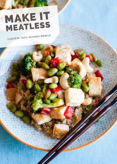 a white plate topped with rice and veggies next to chopsticks