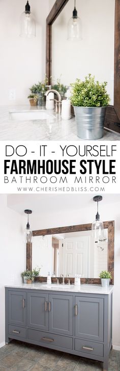 a bathroom vanity with two mirrors and plants on the top, and below it is a large mirror that says do - it - yourself farmhouse style