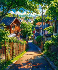 an empty street with houses and trees on both sides