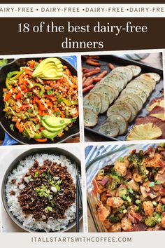 Title: 18 of the best dairy-free dinners. Dairy-free banner. Pictures of 4 dairy-free dinners. www.itallstartswithcoffee.com Ground Beef Recipes Dairy Free, Meals Without Dairy, Beef Casseroles Dinners, Meals Quick And Easy, Clean Gut, Whole30 Meals, Dairy Free Recipes Dinner, Quick And Easy Meals