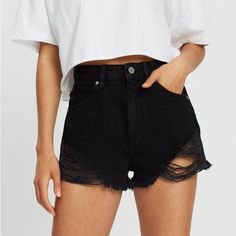 Extreme Rip Hem High Waist Shorts Black Va Us Size 8 X56 Trendy Black Short Bottoms, Black Bottoms With Built-in Shorts For Summer, Black Relaxed Fit Summer Shorts, Relaxed Fit High-waisted Black Shorts, Edgy High Rise Shorts For Summer, Edgy High Waist Shorts For Summer, Black Relaxed Fit Bottoms For Summer, Edgy High Waist Summer Shorts, Edgy High Rise Summer Shorts