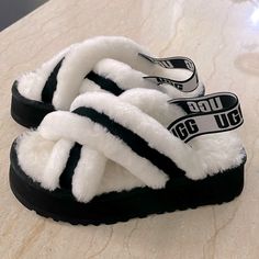 Brand New With Tag, Super Cute And Cozy Ugg Platform Slippers. Size 7. Real Lamb Fur. Color: Navy And White. Box Is Not Included. Brand New Condition, Never Been Worn. Will Pack With Care. Air Force Slippers, White Slippers With Branded Insole And Round Toe, Ugg Platform Slippers, Cozy Ugg, Pink Suede Boots, Ugg Platform, Cute Uggs, Nike Shoes Women Fashion, Fluffy Shoes