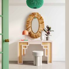 a white table with a mirror, stool and potted plant on it in front of a green door