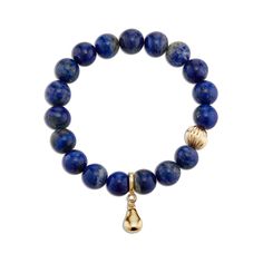 Crystal gemstone elastic bracelets with textured 14k gold-filled accent bead and 14k gold vermeil Anjou pear charm. Newport Coast, Lapis Lazuli Crystal, Lapis Lazuli Bracelet, Lapis Lazuli Beads, Blue Lapis Lazuli, Blue Lapis, Ring Size Guide, Gemstone Bracelets, Necklace Sizes