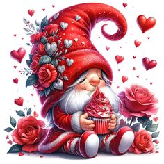 a painting of a gnome eating a cupcake with roses on it's side