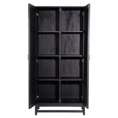 an open bookcase with four shelves and two doors on the front, one door is closed