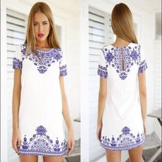 Ships Within 1.5 Weeks Blue Bohemian Shift Mini Dress, White Boho Print Short Sleeve Dress, White Shift Mini Dress For Vacation, White Bohemian Printed Mini Dress, White Boho Print Dress For Vacation, Bohemian White Printed Mini Dress, White Bohemian Mini Dress With Print, White Bohemian Mini Dress With Floral Embroidery, Summer White Shift Mini Dress