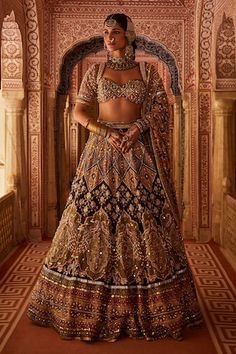 Multicolour can can attached bridal lehenga featuring sequins, bead and pearl embellished floral, geometric and peacock motifs with lace detail. Comes with padded pearl embellished blouse and dupatta. - Aza Fashions Best Bridal Lehenga, Wedding Lengha, Sequin Lehenga, Lehenga And Blouse, Gaun Fashion, Shades Of Peach, Tarun Tahiliani, Indian Bridal Fashion, Embellished Blouse