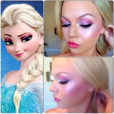 Shiny glitter Elsa look. Elsa wears purple makeup. Pink ok too. Party Princess Makeup, Elsa Makeup For Kids, Elsa Makeup Look, Elsa Makeup, Frozen Makeup, Purple Makeup Looks, Elsa Hair, Elsa Cosplay