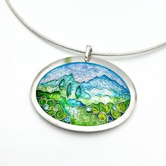 Summer Landscape Enamel Pendant Necklace - Cloisonné & Champlevé Vitreous Enamel on Fine Silver with 18" sterling cable chain Sandra McEwenYou can almost smell that fresh mountain air when you wear this pendant.  Materials: Champleve & Cloisonne  Enamels on Fine Silver.PendantSize: 1.5" x 1.3"Materials: Cloisonne & Champleve enamels on fine silver.  ------------------------------------------------------------------------------------------------Did you know that enamels are melted gla Oak Leaf Earrings, Cloisonne Enamel Jewelry, Clay Buttons, Cloisonne Jewelry, Polka Dot Earrings, Vitreous Enamel, Metal Smithing, Swirl Earrings, Turtle Pendant