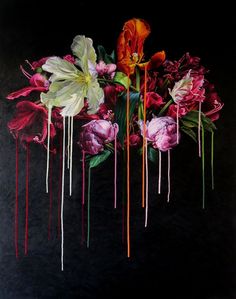 an oil painting of flowers and dripping paint on black paper with red, white, and pink colors