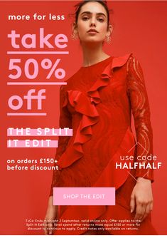 a woman in a red dress with the words take 50 % off