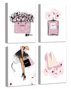 four cards with pink and black designs on them, each featuring a woman's dress