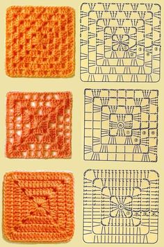 crocheted squares are shown in four different colors and sizes, with the same pattern on