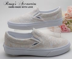 "Beautiful and Romantic wedding  sneakers is a perfect accessory for your Special day.. These White Slip On Authentic Vans , are covered with Champagne Lace .  Handmade to order, so please allow me enough time before your wedding date. Orders are processed and shipped within 6-7 WEEKS of payment., large orders, may take longer ..Please allow 2-5 days additional and Domestic Shipping will take 2-5 Business days.  RUSH ORDERS ARE AVAILABLE **Please read all \"shop policies\" before placing your or Vans Wedding, Lace Vans, Sneakers For Bride, Sneakers Wedding, Wedding Vans, Wedding Platform, Wedding Sneakers, Authentic Vans, Blue Contacts