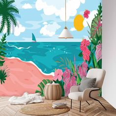 a living room scene with tropical plants and flowers on the wall next to an ocean view