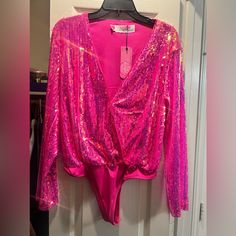 Brand: Southern Fried Chics Condition: New With Tags, Never Worn Color: Neon Pink - Sequins Size: Medium Style: Bodysuit Flirty V-neck Bodysuit For Party, Fitted V-neck Bodysuit For Party, Fitted V-neck Party Bodysuit, Glamorous Party Bodysuit With V-neck, Glamorous V-neck Bodysuit For Party, Elegant Pink Bodysuit For Night Out, Flirty Long Sleeve Bodysuit For Parties, Chic Pink Party Bodysuit, Fitted Pink Bodysuit For Party