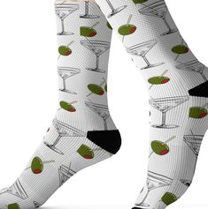 Unique Martini Gift - Looking for a Gift that Stands Out? This is an Excellent Gift for Any Martini Lover, Martini Drinker, Funky Sock or Fun Sock Collector or Someone Who Simply Enjoys a Touch of Fun & Laughter in Their Life. These Martini Imaged Sublimation Socks are an Excellent Choice high-quality socks with sublimated print provide optimum comfort with style wherever one might go - a subtle accent to complement an office look or an eye-catching statement for a fun outfit.  .: 95% Polyester, 5% Spandex .: 3 different sizes .: Ribbed tube .: Cushioned bottoms .: NB! Printed with flat sublimation method. Color discrepancy can be seen on side seams Fun Socks Sublimation, Sublimation Socks, Fun Office, Funky Socks, Fun Socks, Cool Office, Cool Socks, Better Love, Socks And Hosiery