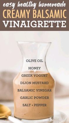 homemade creamy balsamic vinaigrette recipe in a glass bottle on a plate