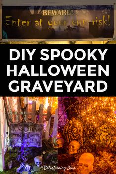 halloween graveyard with pumpkins and skeletons in the background text reads diy spooky halloween graveyard