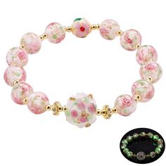 PRICES MAY VARY. FIREFLY BEADS BRACELETS: Glow in the Dark Bracelet murano glass jewelry is suitable for Women Teens with wrist size of 6.5 to 7.5 inches. This Pink White Bracelets with Stretchable Design for easy to put on and take off. SUPERB CRAFTSMANSHIP: The Handmade Rose Flowers Beaded Friendship Bracelets are made of 10mm firefly glass beads whose inside of beads are embedded with gold foil powder and fluorescent powder and the inside of beads with hand-painted flower patterns, as if beat Adjustable Pink Glass Beaded Bracelets, Pink Beaded Flower Crystal Bracelet, Pink Flower-shaped Beaded Bracelets, Adjustable Pink Glass Bracelets, Pink Flower-shaped Beaded Charm Bracelet, Friendship Bracelets With Beads, Murano Glass Jewelry, White Bracelets, Moonstone Bracelet