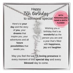 a birthday card for someone special with a flower charm on it's back and the words, happy birthday to someone special