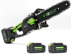 a green and black chainsaw with three batteries attached to the chain, on a white background