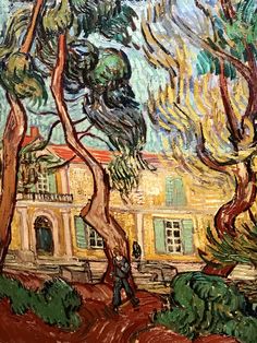 a painting of a house with trees and bushes