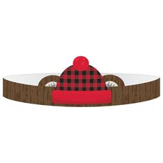 a red and black plaid hat sitting on top of a wooden object in the shape of a snowboard