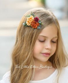 "Our custom handmade flower hair combs are stunning and completely customizable, combining any colors you wish. We have a large variety of flowers, in most colors, to match your special event perfectly. We also have flower hair wreaths and flower hair pins ( see links below). These flower combs come in 2 sizes: -Regular : 2\" comb, more elaborate -Mini: 1\" comb, features a large signature flower, surrounded by 3 mini flowers and greenery. Flowers include: roses, poppies, peony, apple blossom, s Orange Flower Girl Dress, Burnt Orange Hair, Cheveux Oranges, Flower Wreath Hair, Boho Flower Girl, Long Flower Girl Dresses, Princess Flower Girl Dresses, Floral Hair Combs, Hair Wreaths