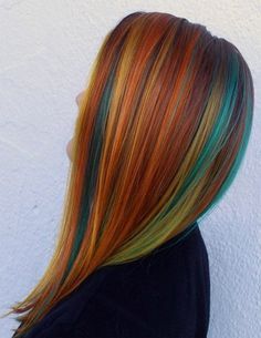 Copper Hair With Pop Of Color, Red Hair With Rainbow Highlights, Copper Rainbow Hair, Autumn Rainbow Hair, Dark Rainbow Hair, Fall Inspired Hair Color, Rainbow Peekaboo