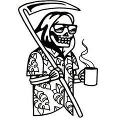 a drawing of a skeleton holding a coffee cup