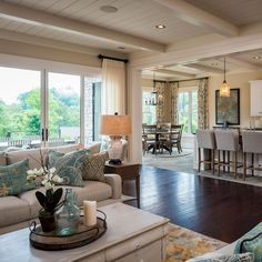 a living room filled with furniture next to a kitchen and dining room table in front of a large window