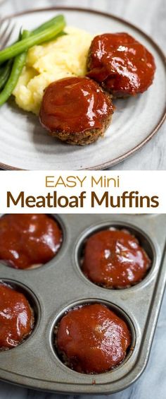 meatloaf muffins in a muffin tin with green beans and mashed potatoes