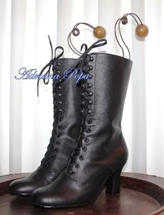 New Victorian boots in Black leather Ankle heeled Stage boots Order your Customized shoe size for strong calf and wide feet Gothic Faux Leather Heeled Boots With Round Toe, Gothic Round Toe Heeled Boots In Faux Leather, Gothic Combat Boots With Round Toe In Faux Leather, Gothic Faux Leather Combat Boots With Round Toe, Gothic Round Toe Combat Boots In Faux Leather, Leather Lace-up Boots For Cosplay, Gothic Ankle Boots In Faux Leather, Gothic Faux Leather Ankle Boots, Gothic Faux Leather Boots For Halloween