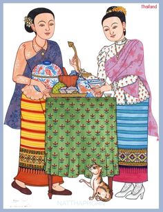 an image of two women serving food to each other at a table with a cat