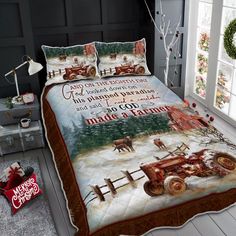 a bed room with a neatly made bed and christmas decorations