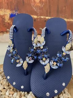 Glamor at your feet! Elegant Open Toe Party Flip Flops, Elegant Party Flip Flops With Open Toe, Elegant Party Flip Flops, Elegant Handmade Beach Sandals, Elegant Embellished Sandals For Festivals, Elegant Embellished Festival Sandals, Elegant Blue Sandals For Vacation, Elegant Gold Party Flip Flops, Handmade Blue Sandals For Party